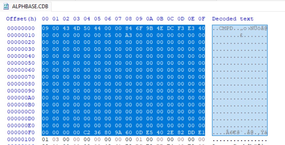 HxD showing the CDB file header